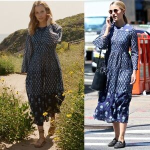 DOEN Basil Blue Floral Long Sleeve Tiered Prairie Midi Dress